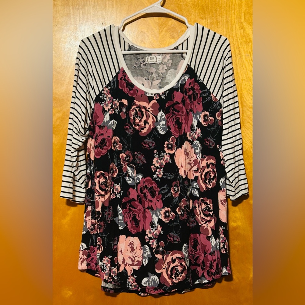 Maurices Black and Pink Floral Stripe Blouse